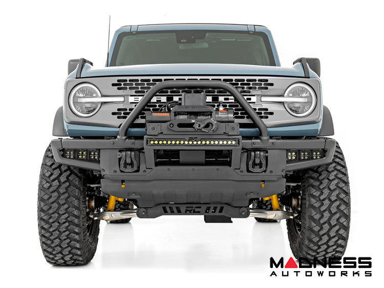 Ford Bronco Winch Mount - High Mount - OE Modular Bumper - Rough Country - PRO12000S Winch - Black Series White DRL LED